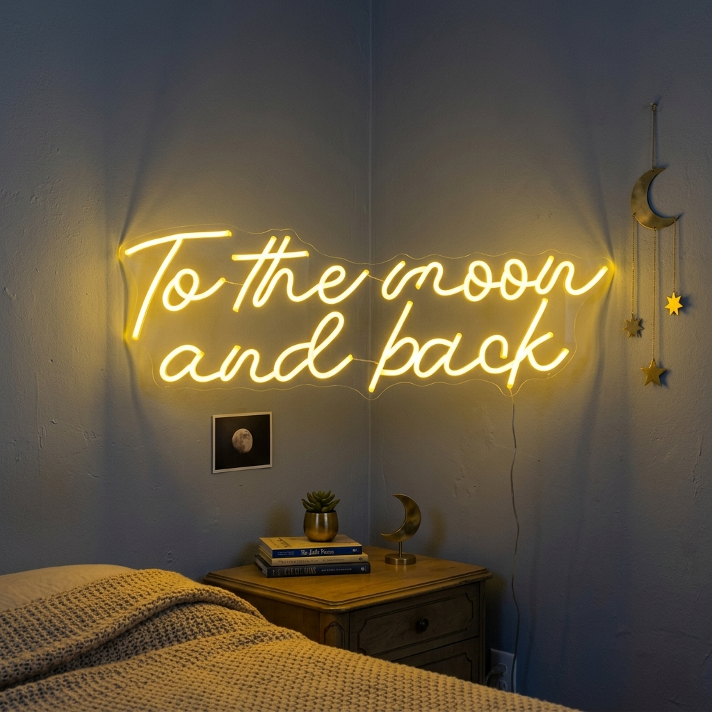 To The Moon and Back neon sign displayed in a romantic bedroom setting