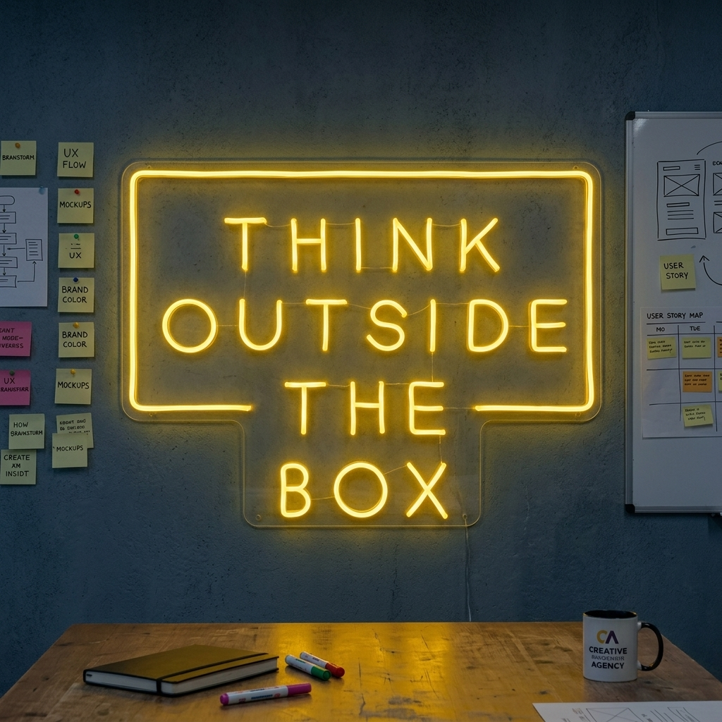 A close-up photograph of a mounted 'Think Outside The Box' neon sign, showing the detailed tubing, wiring, and standoffs against a realistic brick wall.