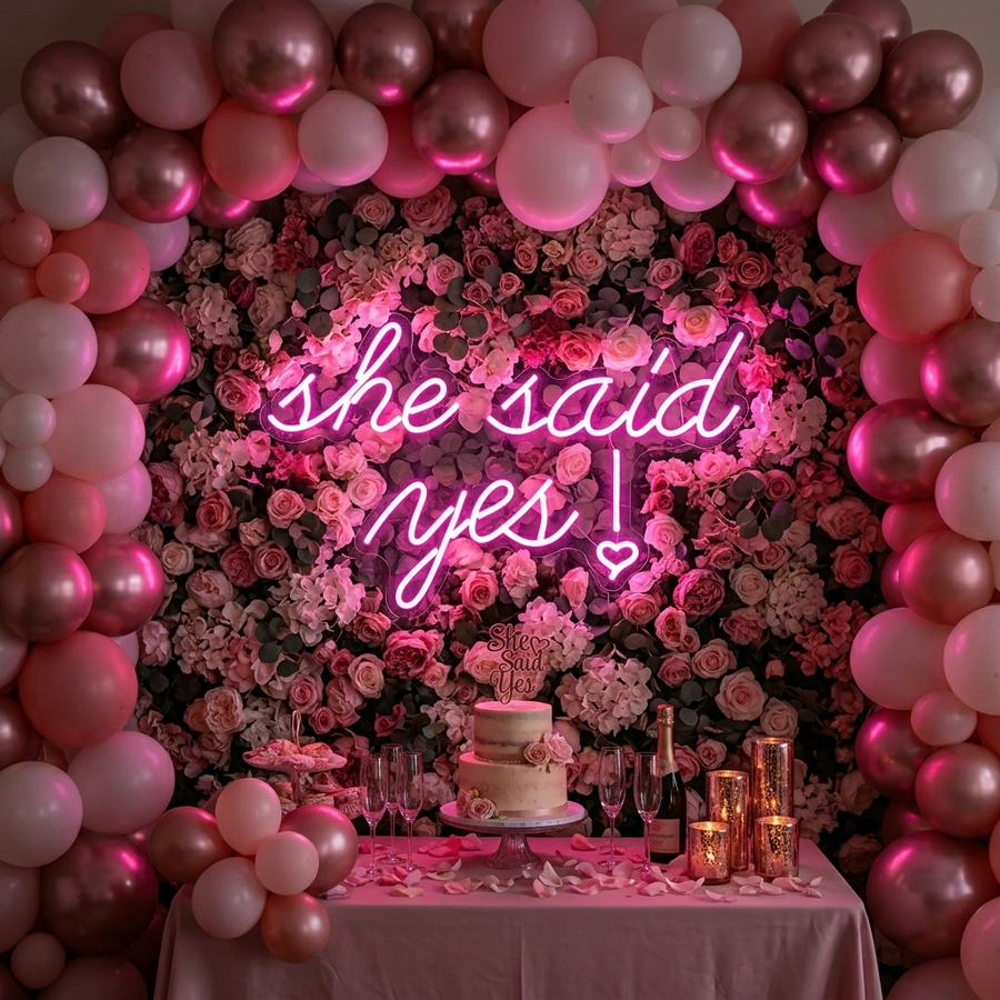 A 'SHE SAID YES' neon sign with blue glowing script, mounted above a decorative arrangement of white, clear, and gold balloons alongside pampas grass and white flowers for an engagement celebration backdrop.