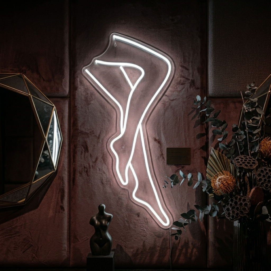 A real product photograph of the glowing red "Sexy Legs Lady" neon sign mounted on a textured wall above a wooden table with a floral arrangement and mirror.
