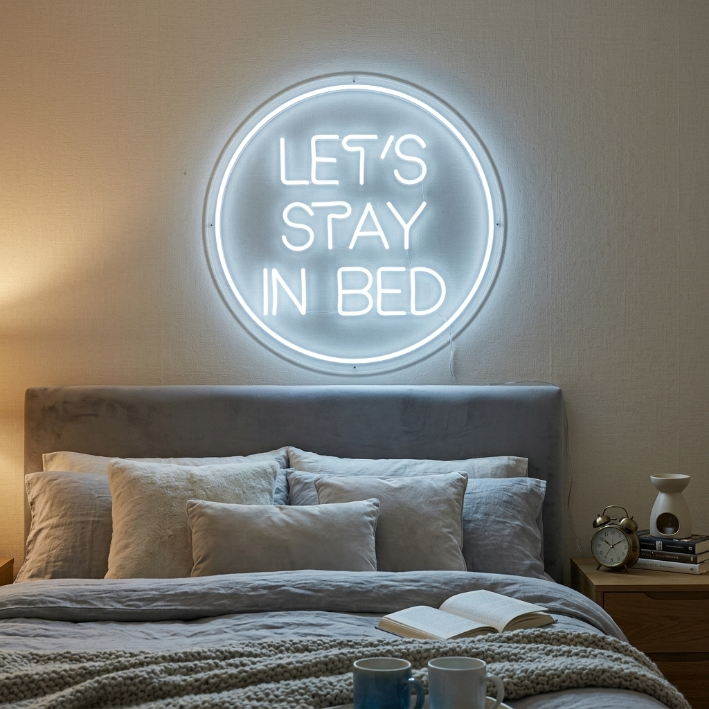 A cozy bedroom with a white neon sign that reads "Lets Stay In Bed" mounted on a brick wall above the bed, with decorative plants and bedding.