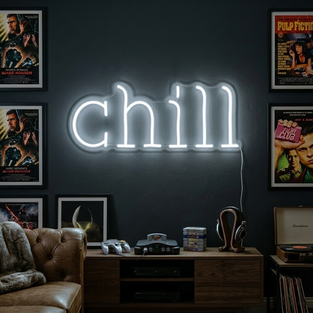 A vibrant green 'Chill' neon sign glowing brightly on a wall surrounded by retro pop culture memorabilia and movie posters in a cozy room.