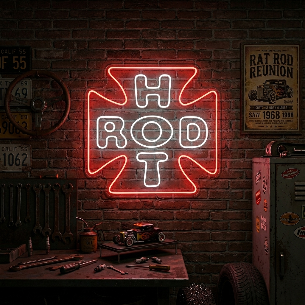 A close-up of a vibrant 'HOT ROD' neon sign mounted on a textured brick wall within a cluttered and authentic classic car garage.