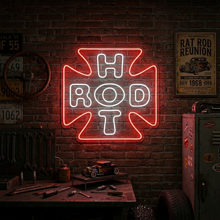 A close-up of a vibrant 'HOT ROD' neon sign mounted on a textured brick wall within a cluttered and authentic classic car garage.