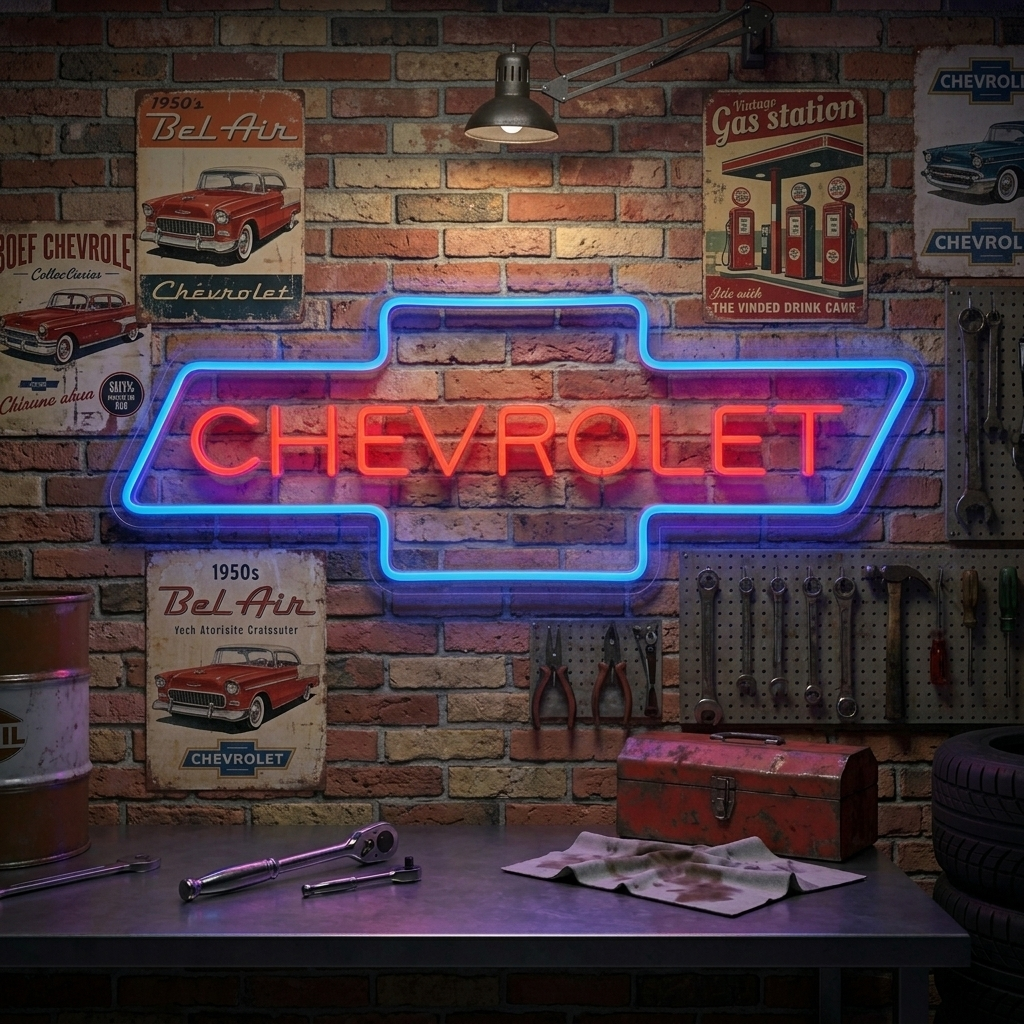 Illuminated real glass tubing Chev Car LOGO neon sign mounted on a textured brick wall in a busy garage environment.