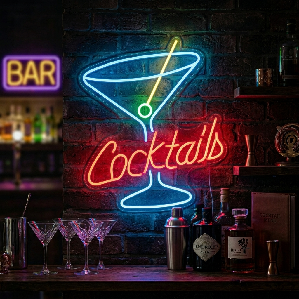 A close-up photograph of a lit-up Cocktails neon sign featuring a glowing martini glass graphic with an olive and the word 'Cocktails' in script, glowing warmly on a dark bar wall with blurred bottles in the background.