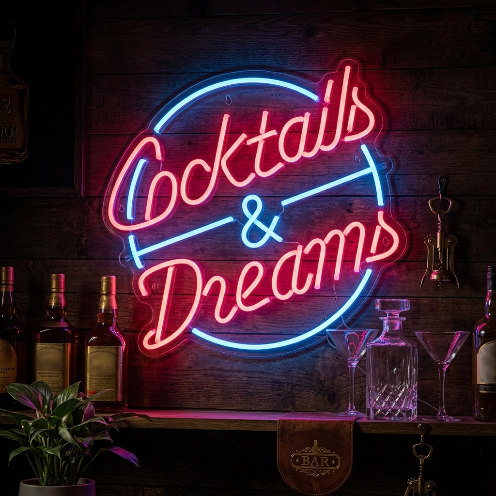 A vibrant Cocktails and Dreams neon sign glowing above a styled home bar setup with bottles and glasses.