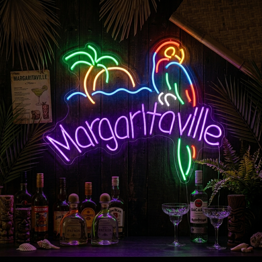 A vibrant Jimmy Buffett Margaritaville Paradise Parrot neon sign glows brightly against a dark wood-paneled wall above a well-stocked bar with cocktails.