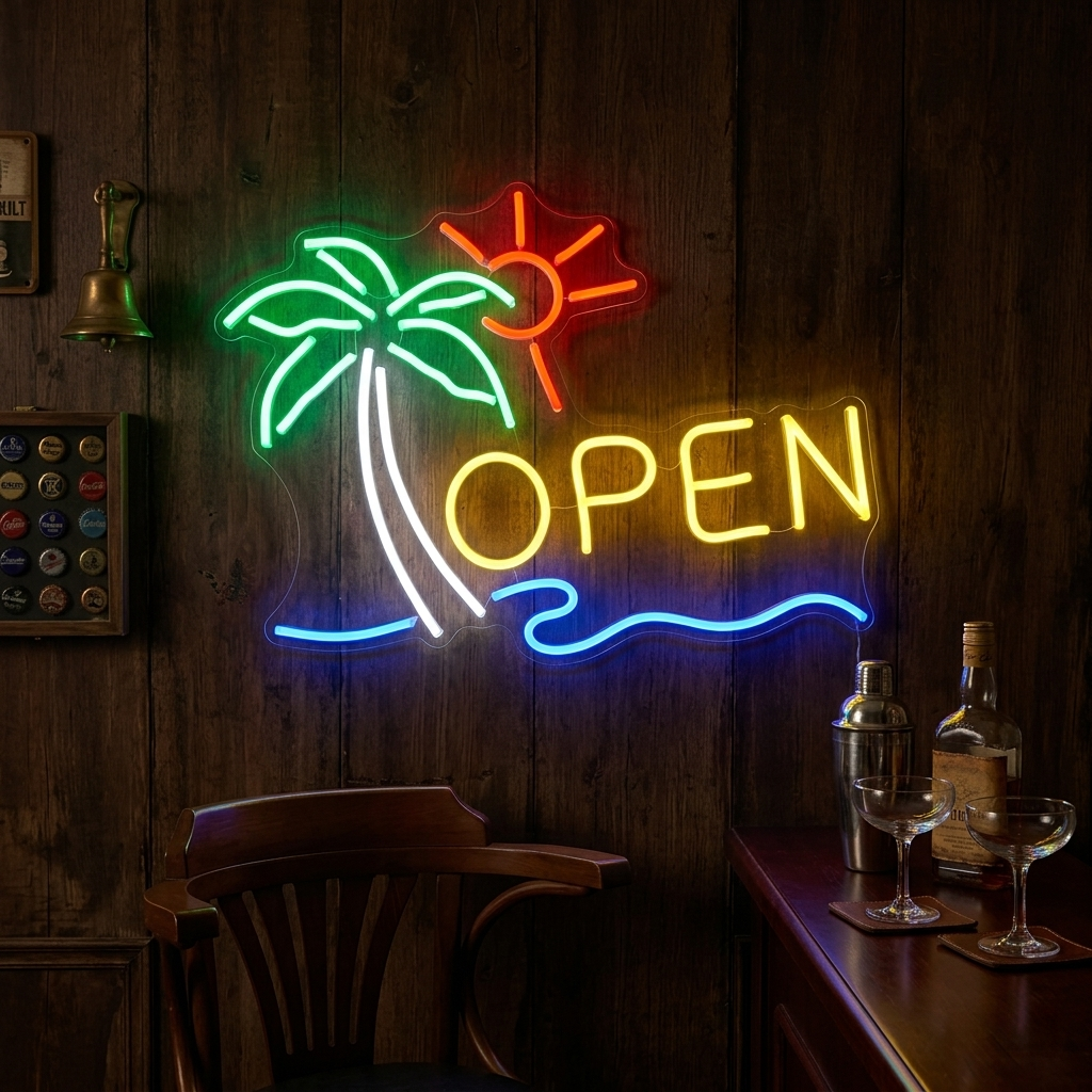A vibrant 'Open Bar' neon sign glows with classic red and blue light above a bustling, rustic beach bar counter, creating a vintage atmosphere.