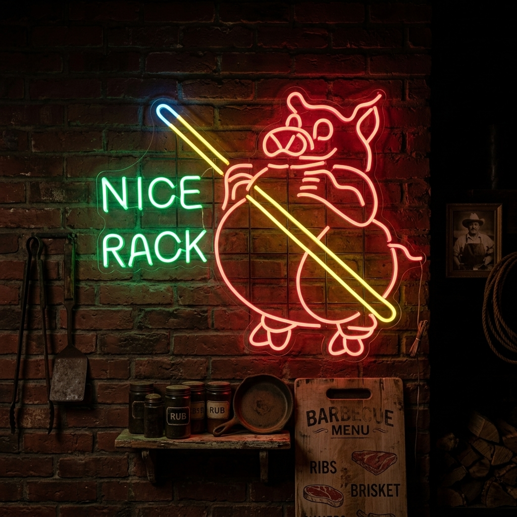 Close-up of 'Nice Rack' neon sign with billiards theme, showing the colorful tubes and detailed background.