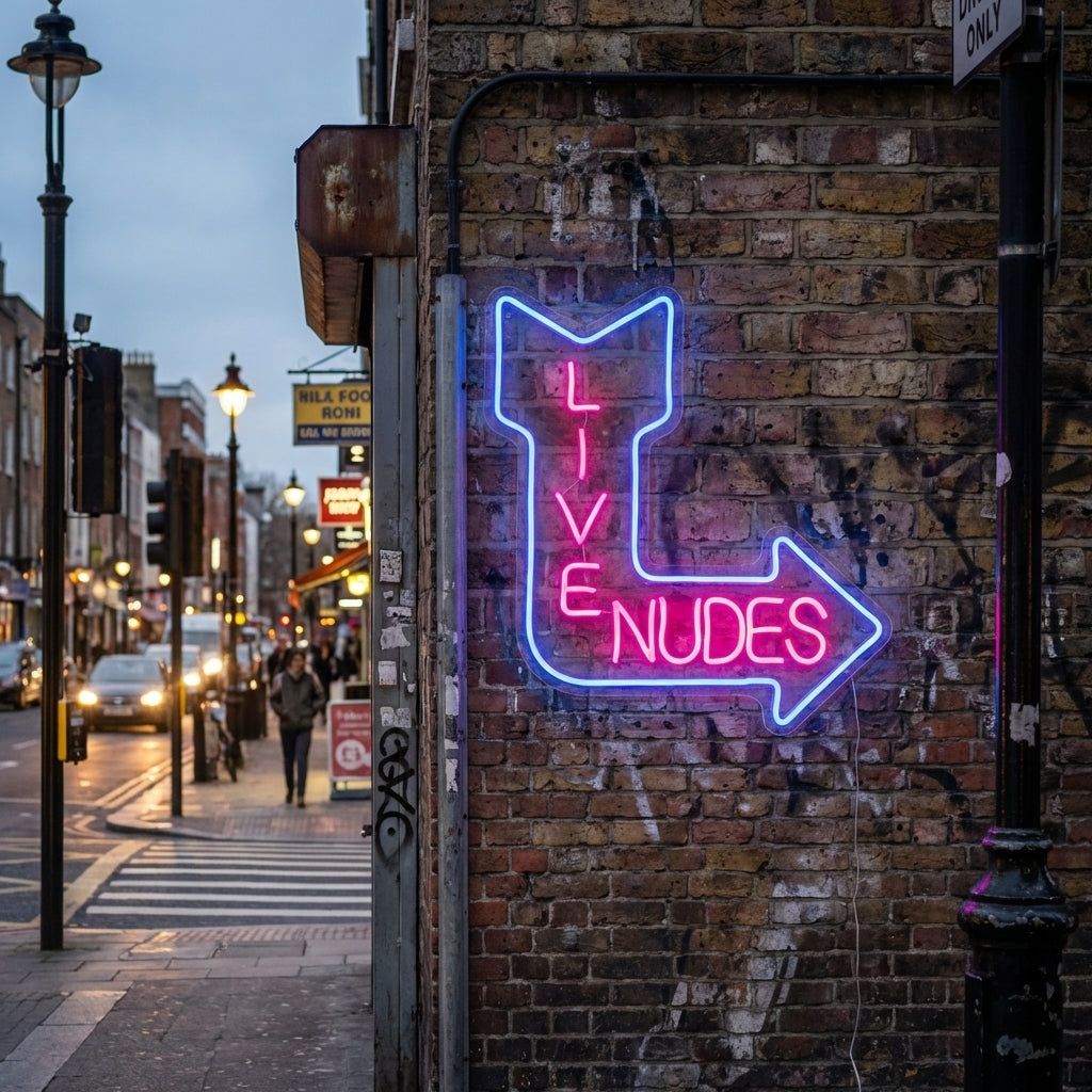 A vibrant red 'Live Nudes' neon sign with stylized typography glowing brightly on an exterior brick wall of a bar at night, set against an urban street scene with pedestrians and lights.