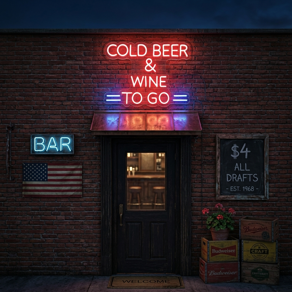 Cold Beer And Wine To Go neon sign, highlighting the bright blue and white neon lettering on a clear acrylic backing.