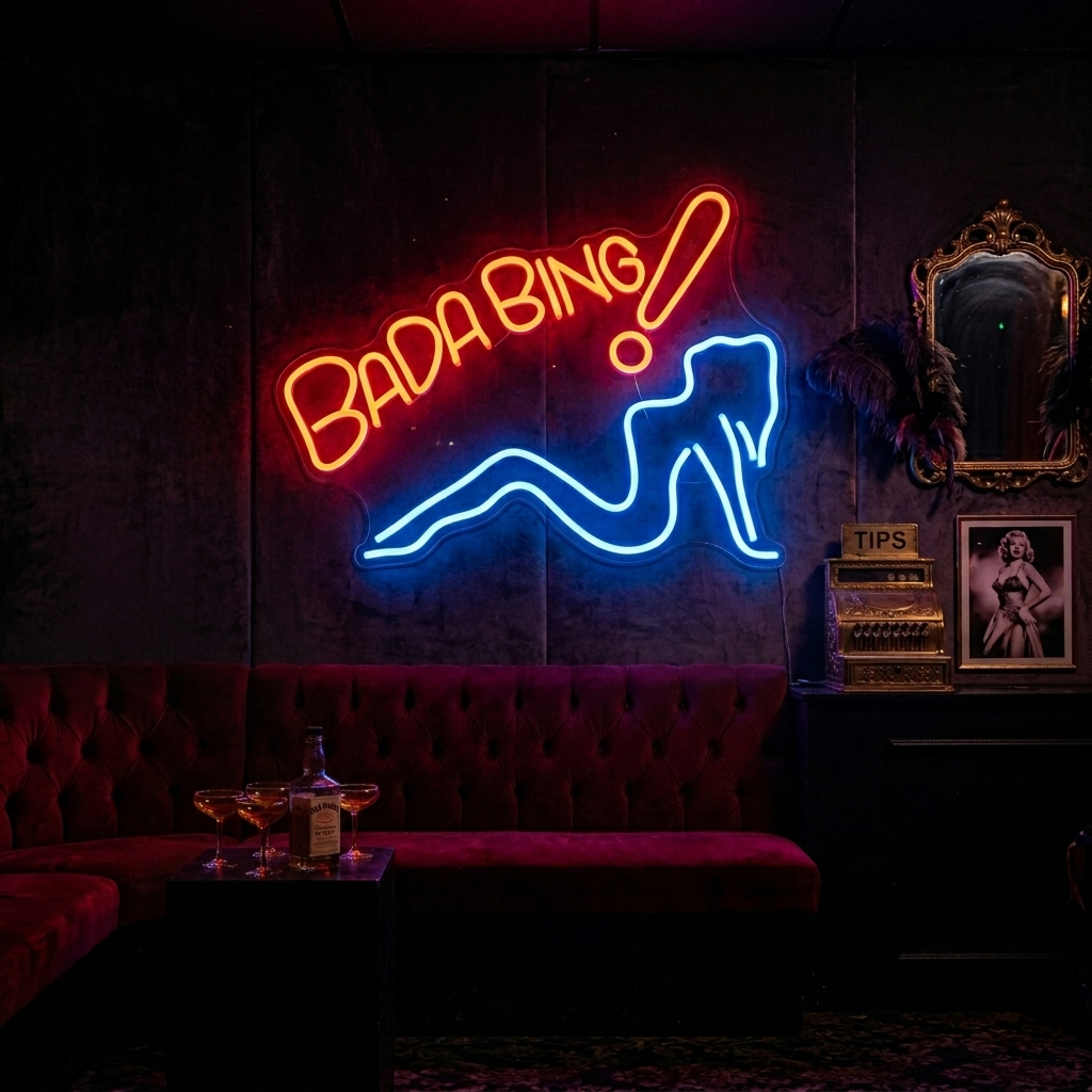 An authentic Bada Bing neon sign featuring glowing white and blue tubes, mounted above a leather booth in a retro-style bar with patterned wallpaper.
