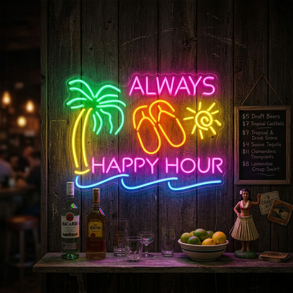 Vibrant Always Happy Hour neon sign on a clear backing, glowing against a wall with cocktail menu text.