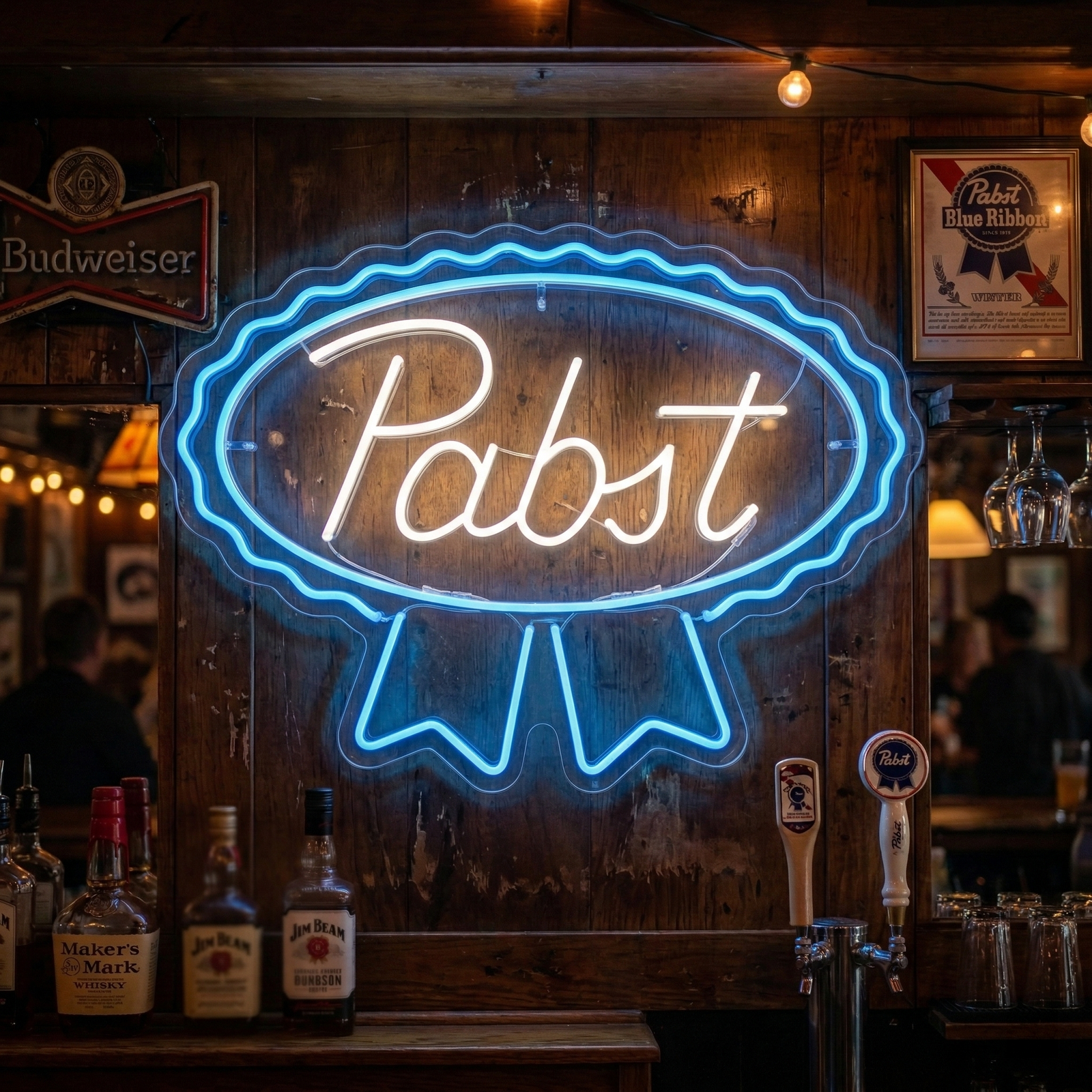 New Pabst Blue Ribbon Lager Ale Neon Sign glowing in a bar setting