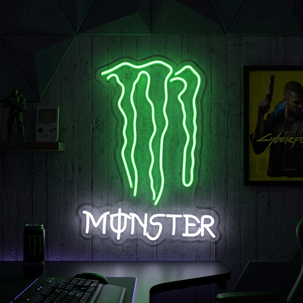 Monster claw logo neon sign glowing bright green on a wall in a gaming room environment.