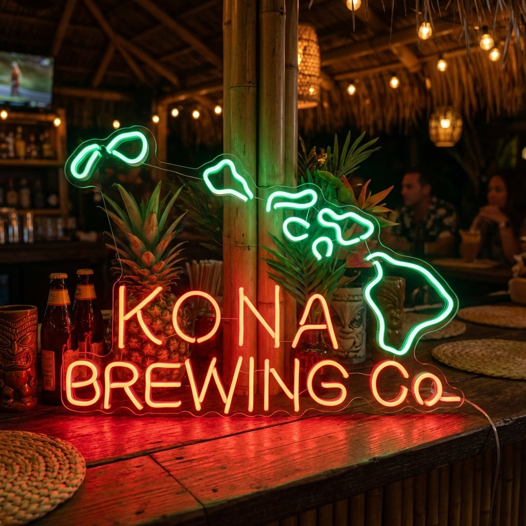 A lit Kona Brewing Co Beer neon sign with a glowing blue wave logo and yellow script, mounted on a rustic tiki bar wall.