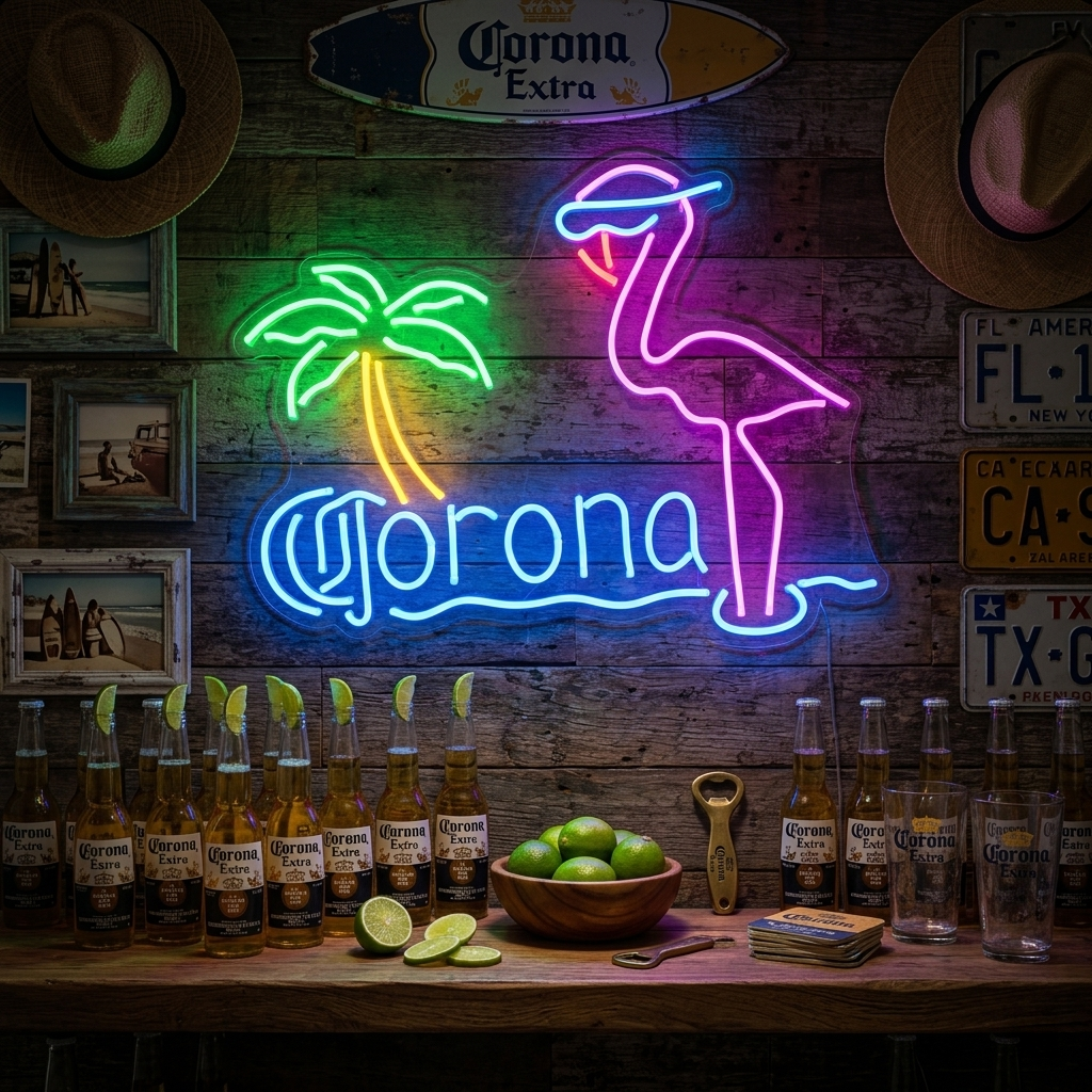 "Flamingo Palm Tree" neon sign glowing vibrantly in an elegantly styled outdoor beach bar setting, featuring a glowing pink flamingo and a green palm tree.