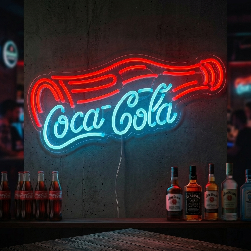 A vibrant red and white script Coca-Cola neon sign glowing brightly above a cozy bar setup with bottles and glasses.