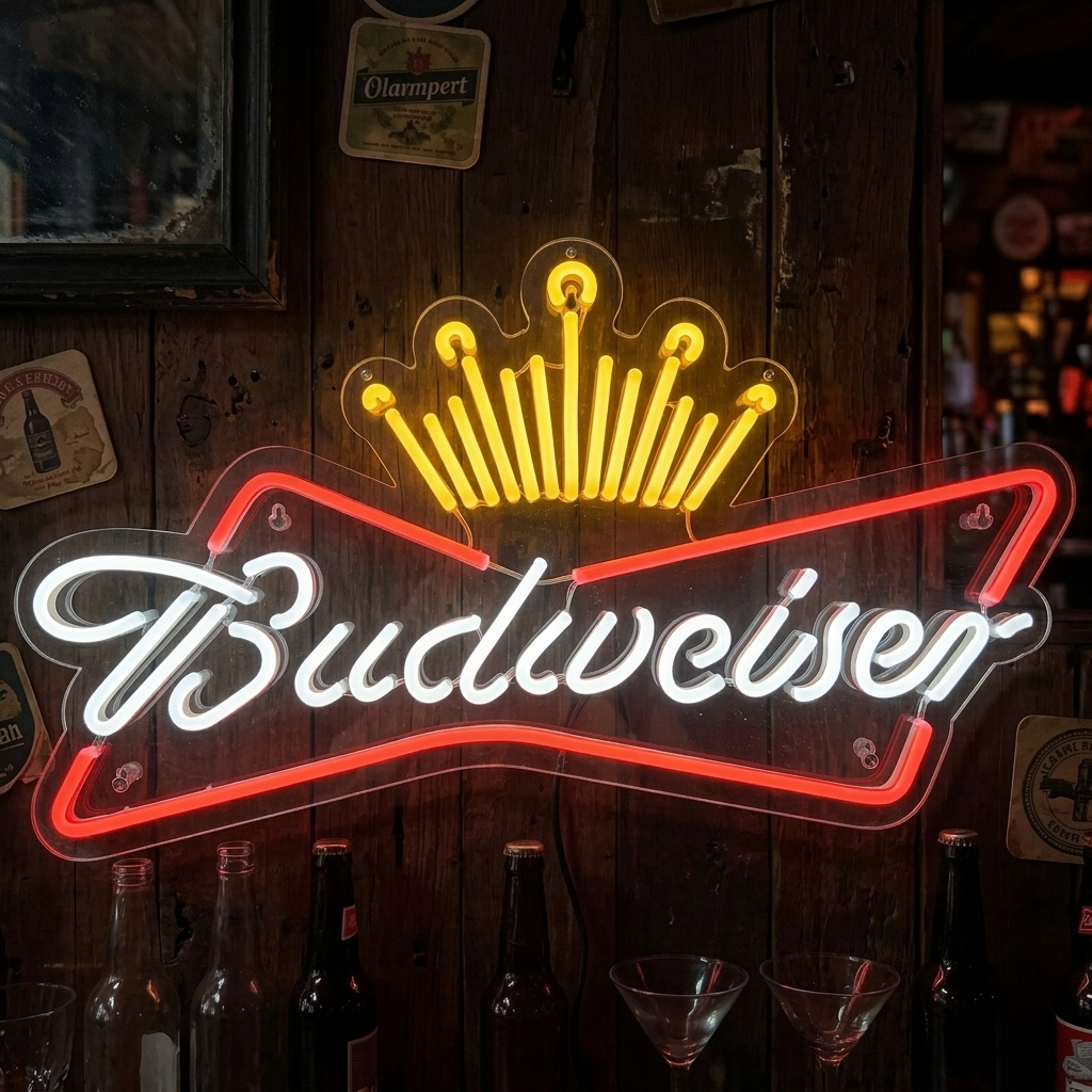 Bud King of It Up neon sign glowing in bright red on a rustic wood plank background, featuring real product details like mounting hardware and power cord.