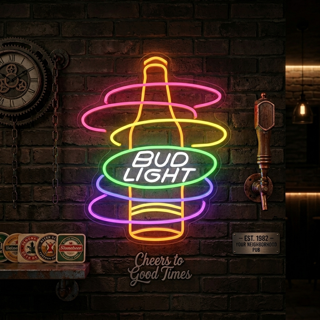A glowing Bud Light Rainbow neon sign mounted on a rustic brick wall in a busy bar setting.