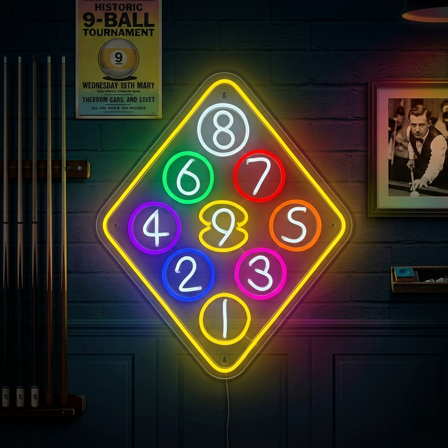 A glowing blue and white neon sign shaped like a number 8 billiard ball on a dark brick wall in a pool hall, featuring realistic tube construction and a hanging chain.