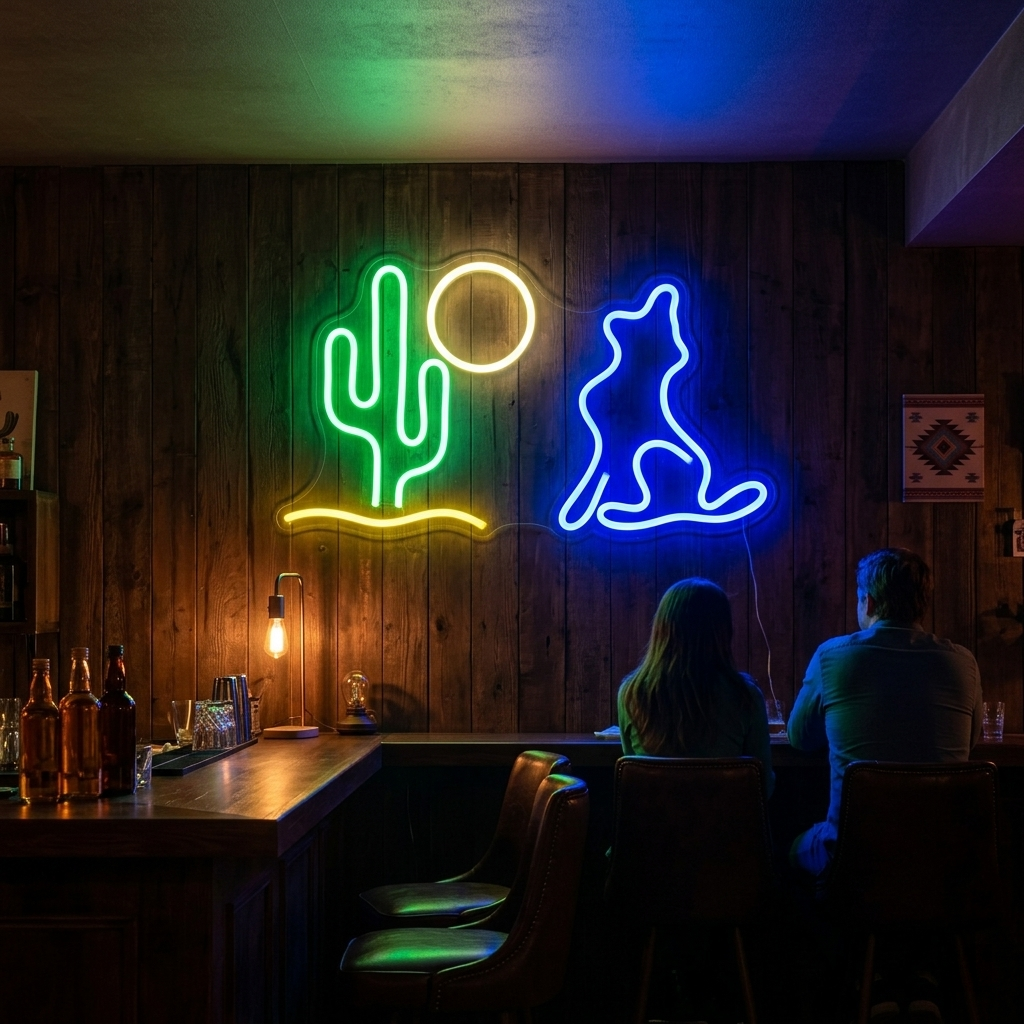 A howling wolf and saguaro cactus neon sign glowing above a rustic wooden bar counter in a Western-themed establishment.