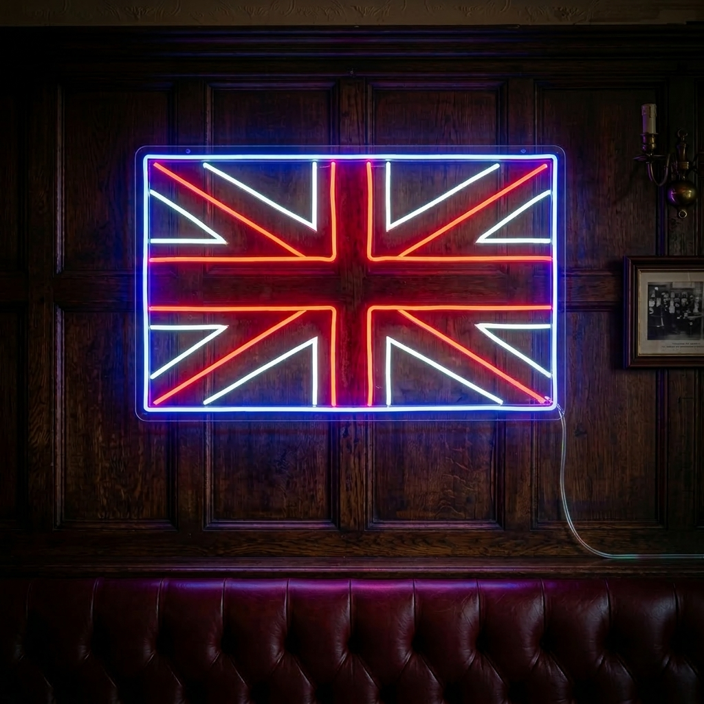 A hand-crafted Flag of UK neon sign glowing brightly on a wood-paneled wall, set above a leather booth in a cozy venue.