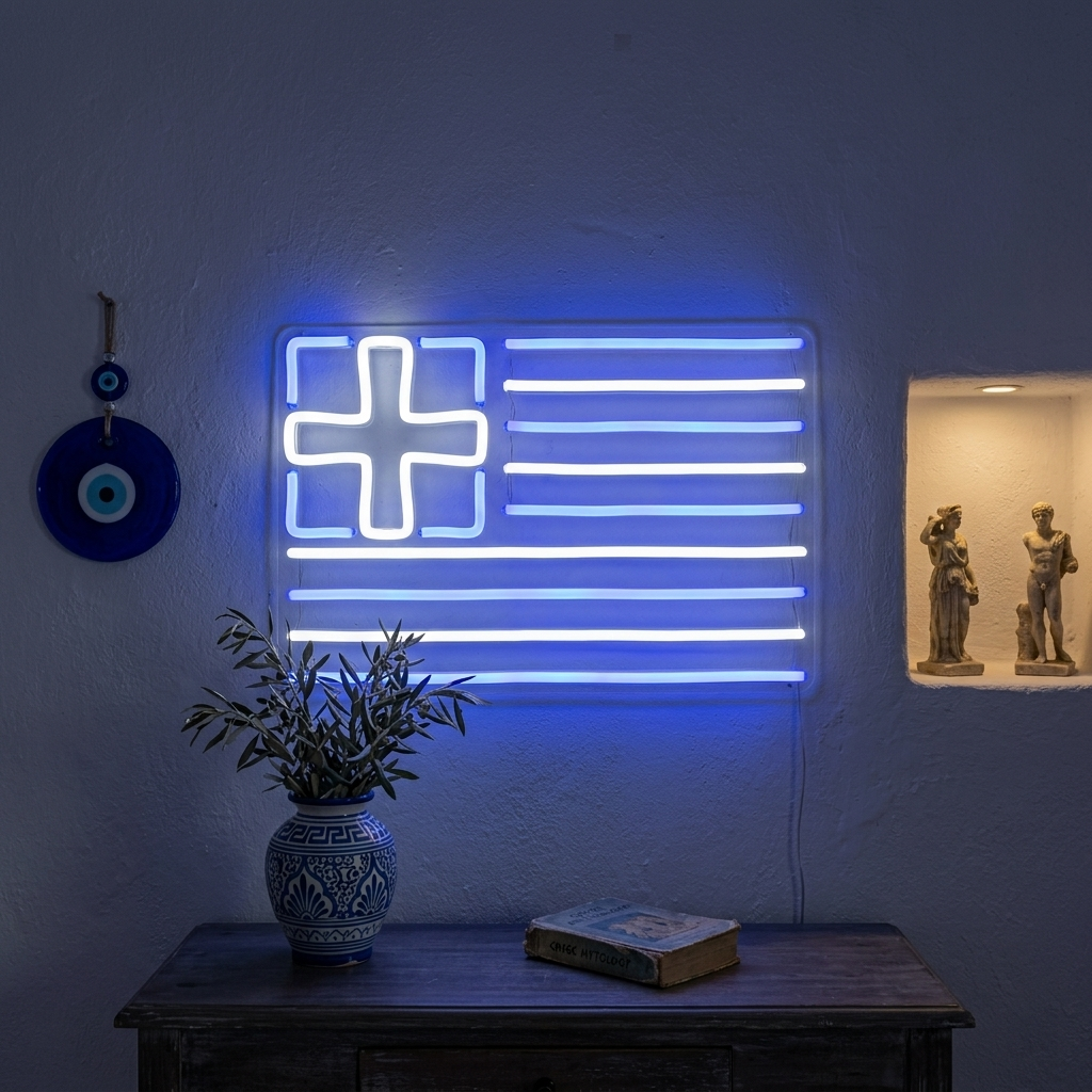 Flag of Greece neon sign featuring blue and white stripes and cross glowing brightly against a themed wall