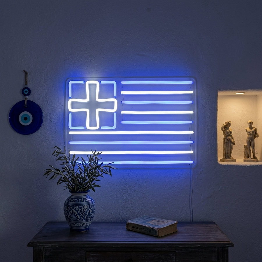 Flag of Greece neon sign featuring blue and white stripes and cross glowing brightly against a themed wall