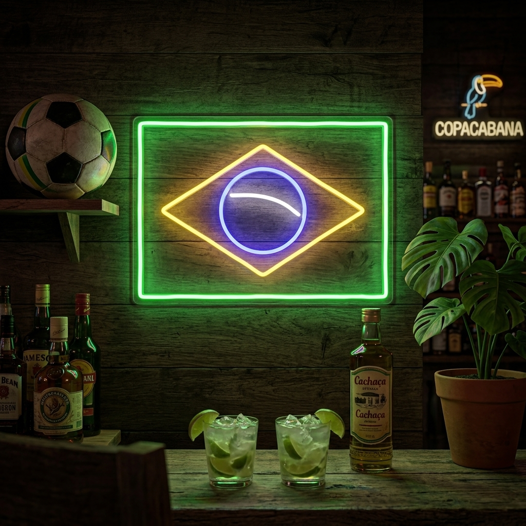 A real, illuminated 'Flag of Brazil' neon sign hanging on a wooden wall above a fully stocked bar counter.