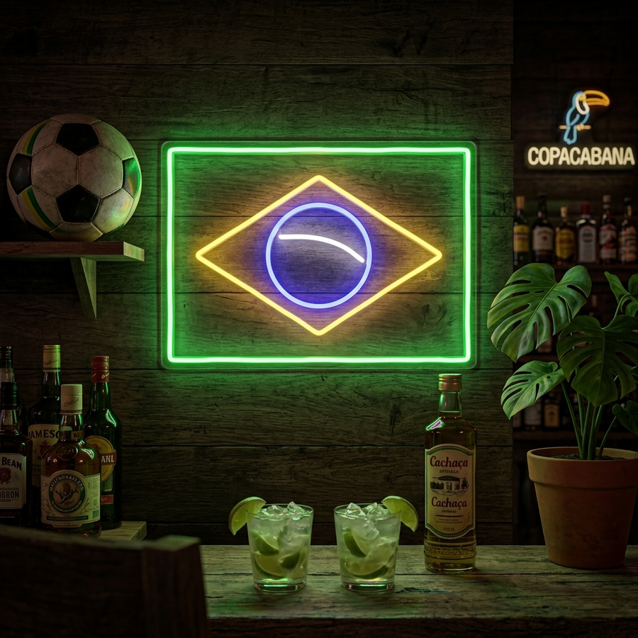 A real, illuminated 'Flag of Brazil' neon sign hanging on a wooden wall above a fully stocked bar counter.