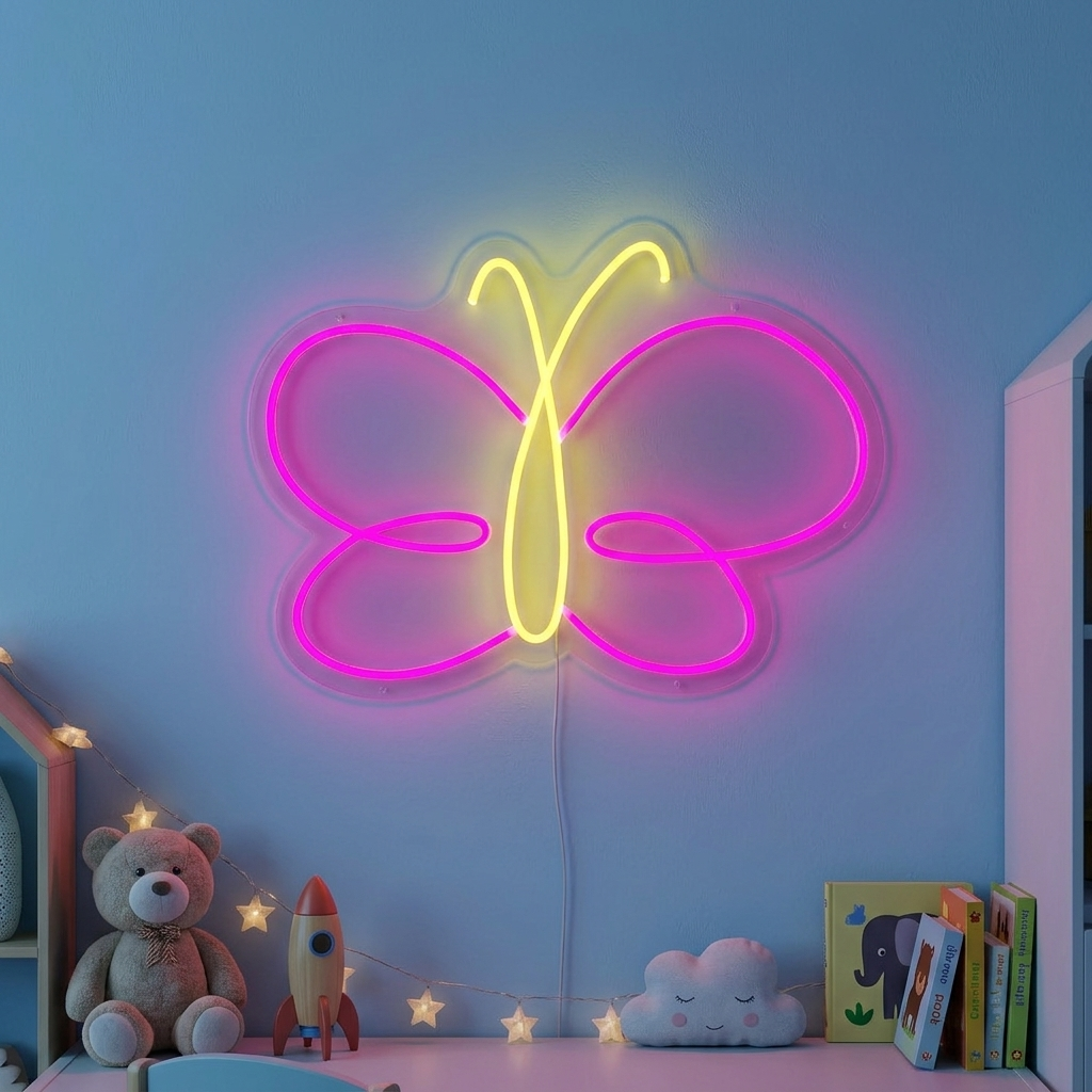 A glowing pink Butterfly neon sign hangs on a light wall in a cozy kids' room setting, illuminating the space with a soft pink light.