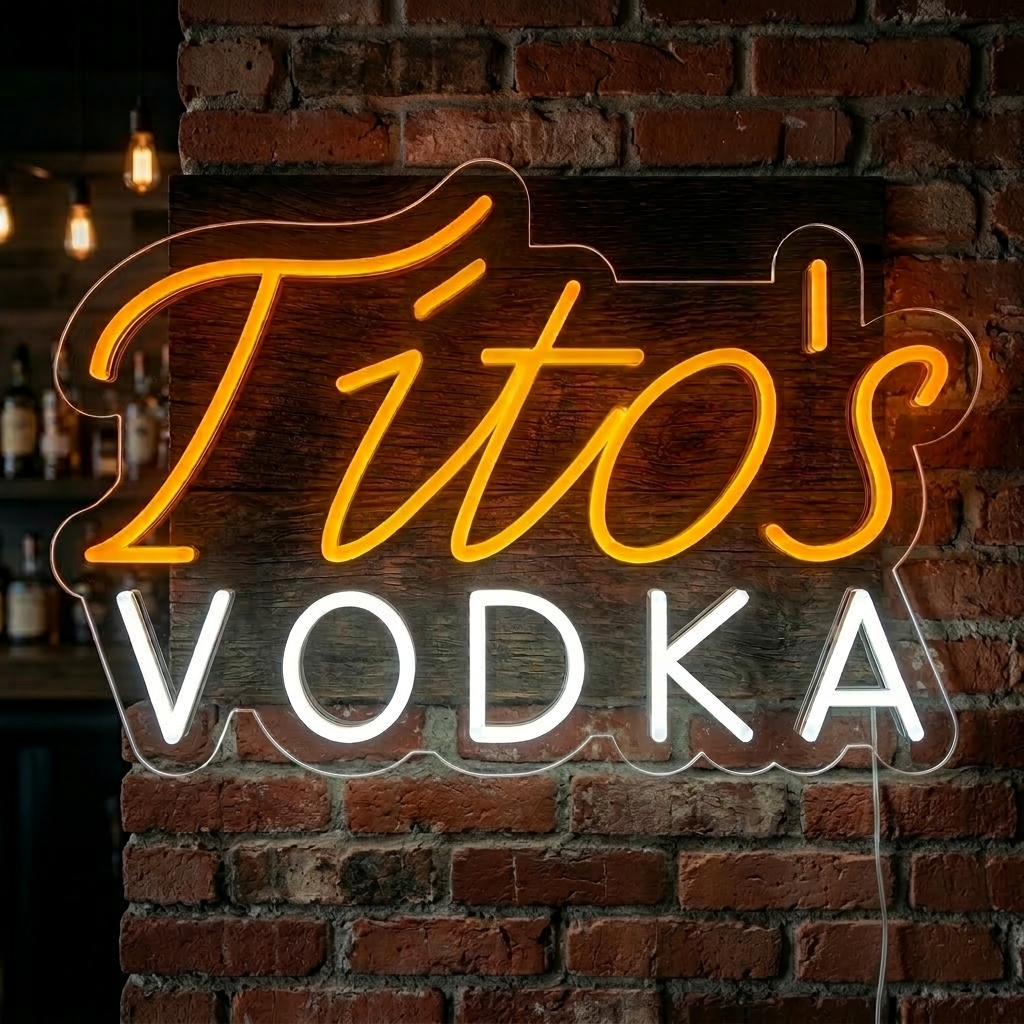 Titos VODKA neon sign glowing on a wooden background