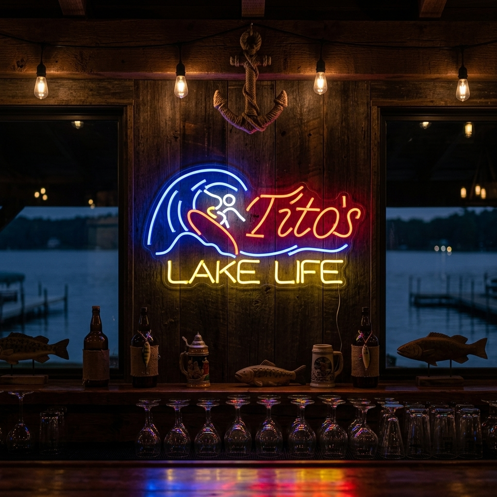 A handcrafted glass Tito's Lake Life neon sign glowing in a rustic home bar, showing realistic wiring and mounting hardware.