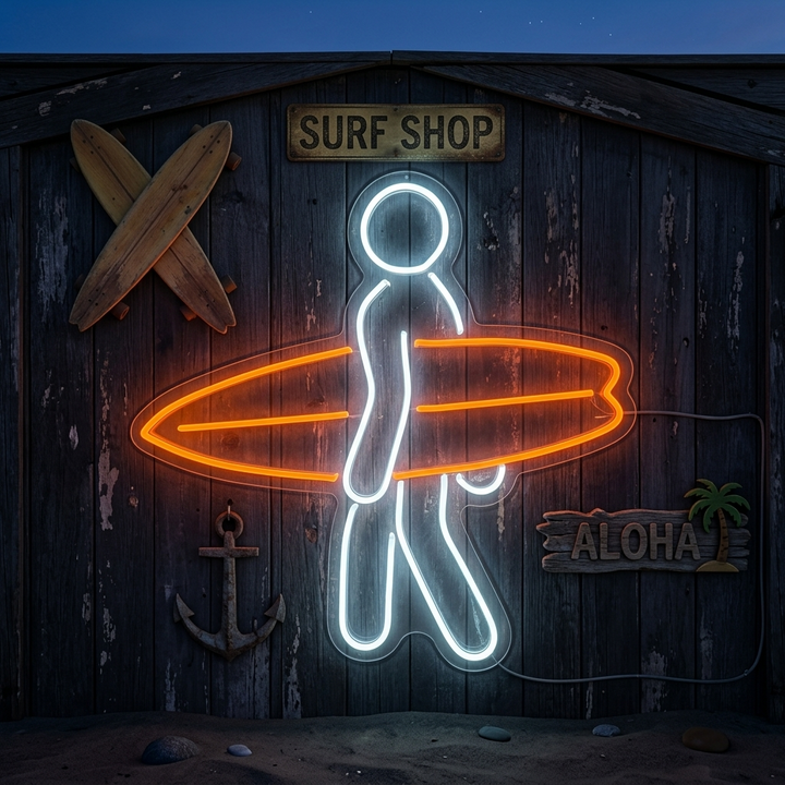 A vibrant 'Surfing' neon sign displaying a surfer riding a wave alongside 'ALOHA' text on a light blue background.