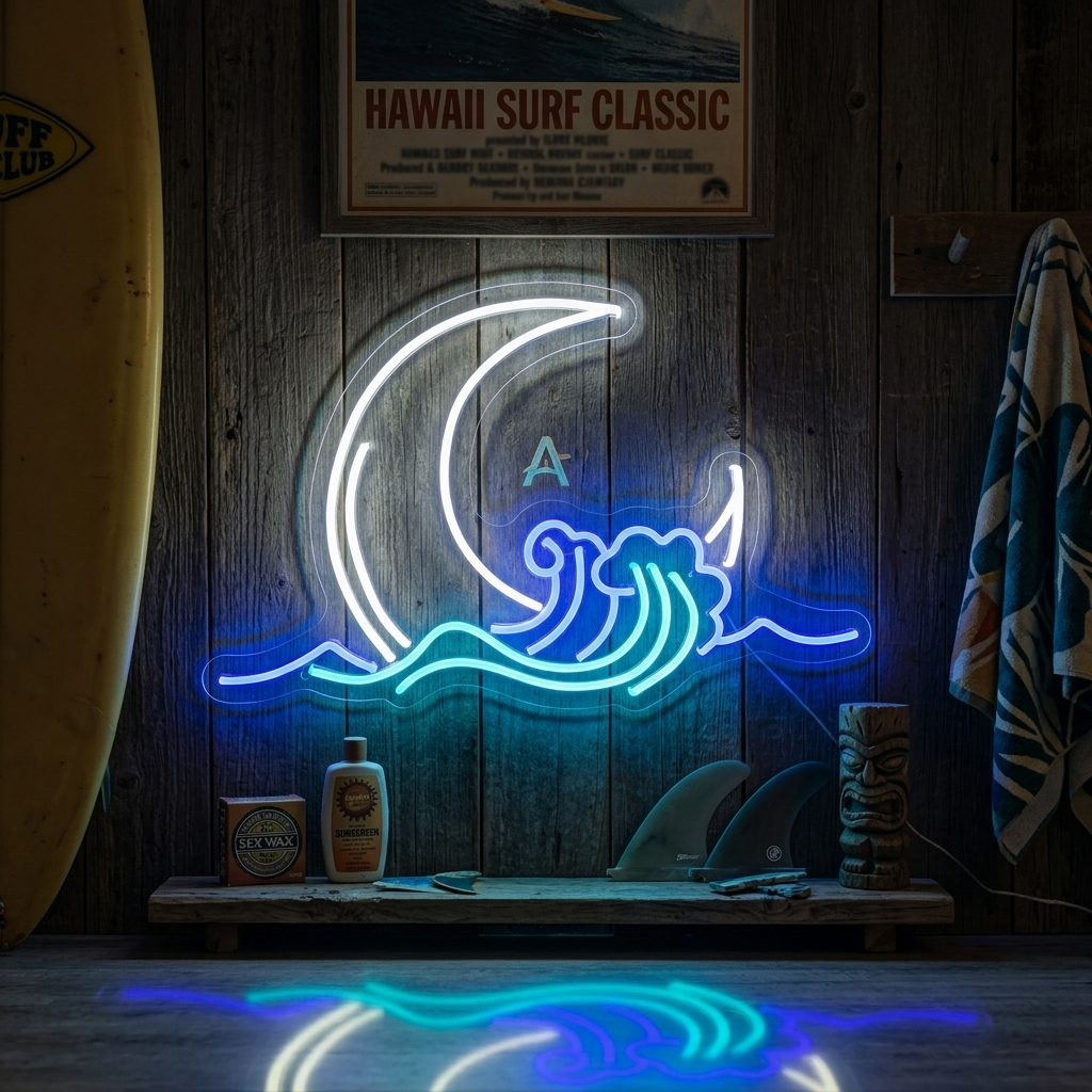 A real neon sign of a moon and wave mounted in a decorated room near a surfboard and shelves.