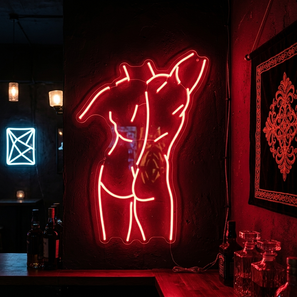 Handcrafted "Male Man Body" neon sign glowing warmly while hanging on a light-colored bedroom wall above a wooden bedside table.