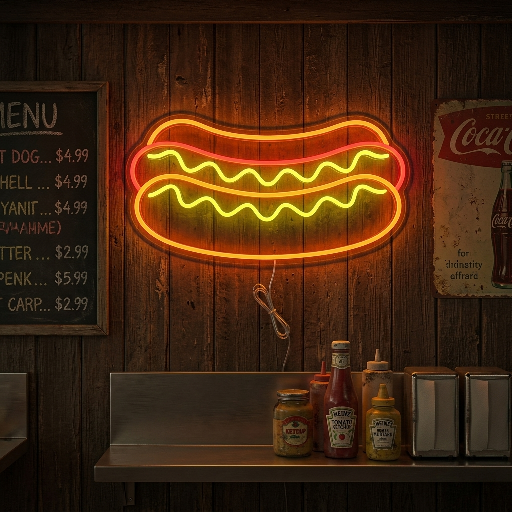 A glowing red and yellow hotdog neon sign hanging in a cafe setting with a burger menu and bottled drinks below it.
