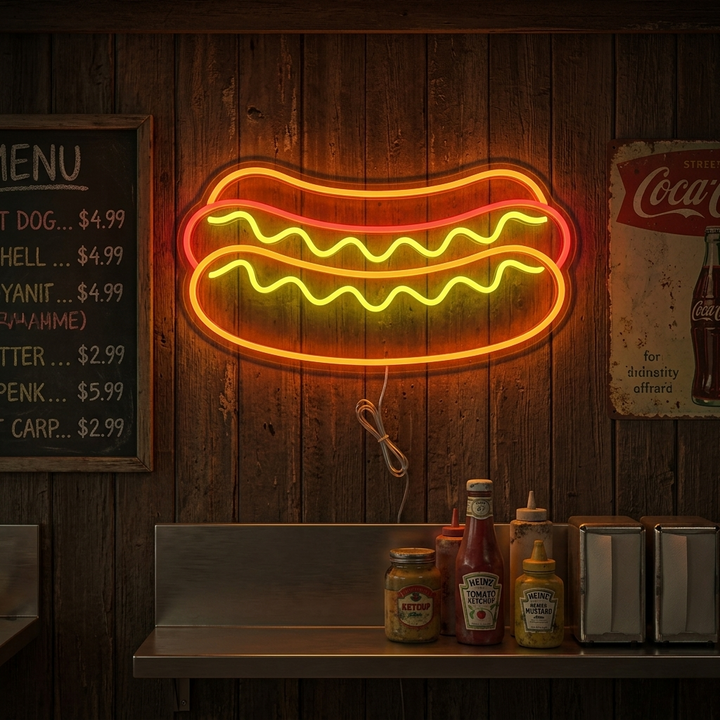 A glowing red and yellow hotdog neon sign hanging in a cafe setting with a burger menu and bottled drinks below it.