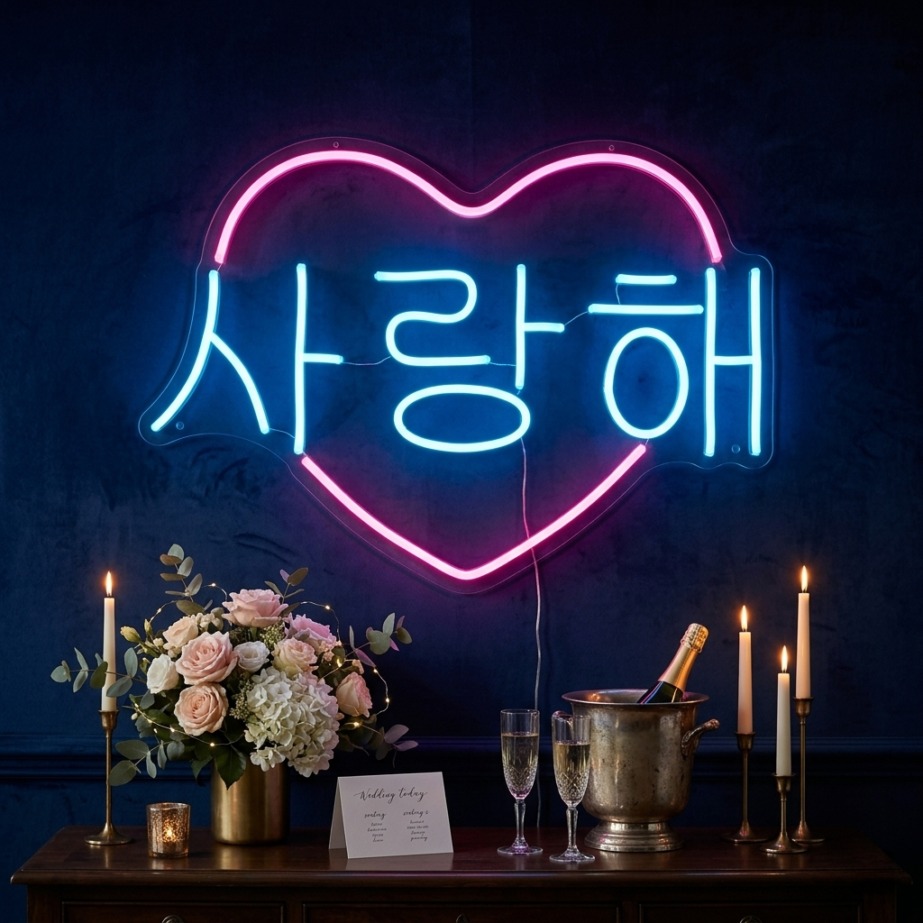 A heart-shaped Korean 'I Love You' neon sign with clear backing, showing the power cord and mounting hardware, glowing softly in a real-world setting.