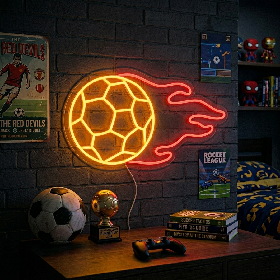 Illuminated custom 'Football with Flame' neon sign mounted on a textured brick wall with various sports memorabilia and books nearby.