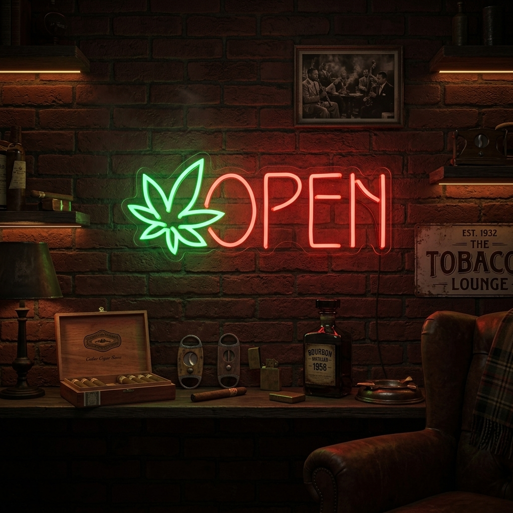 Bright blue and white marijuana leaf open neon sign mounted in a modern dispensary storefront window at night, casting colored light on interior decor.