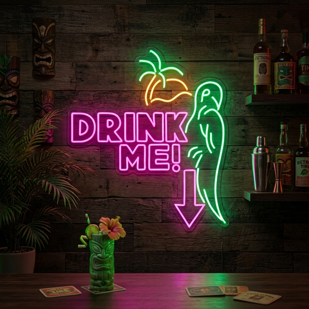 A 'Drink Me Bar' neon sign featuring a parrot and tropical drink motifs on a brick wall in a bar setting.