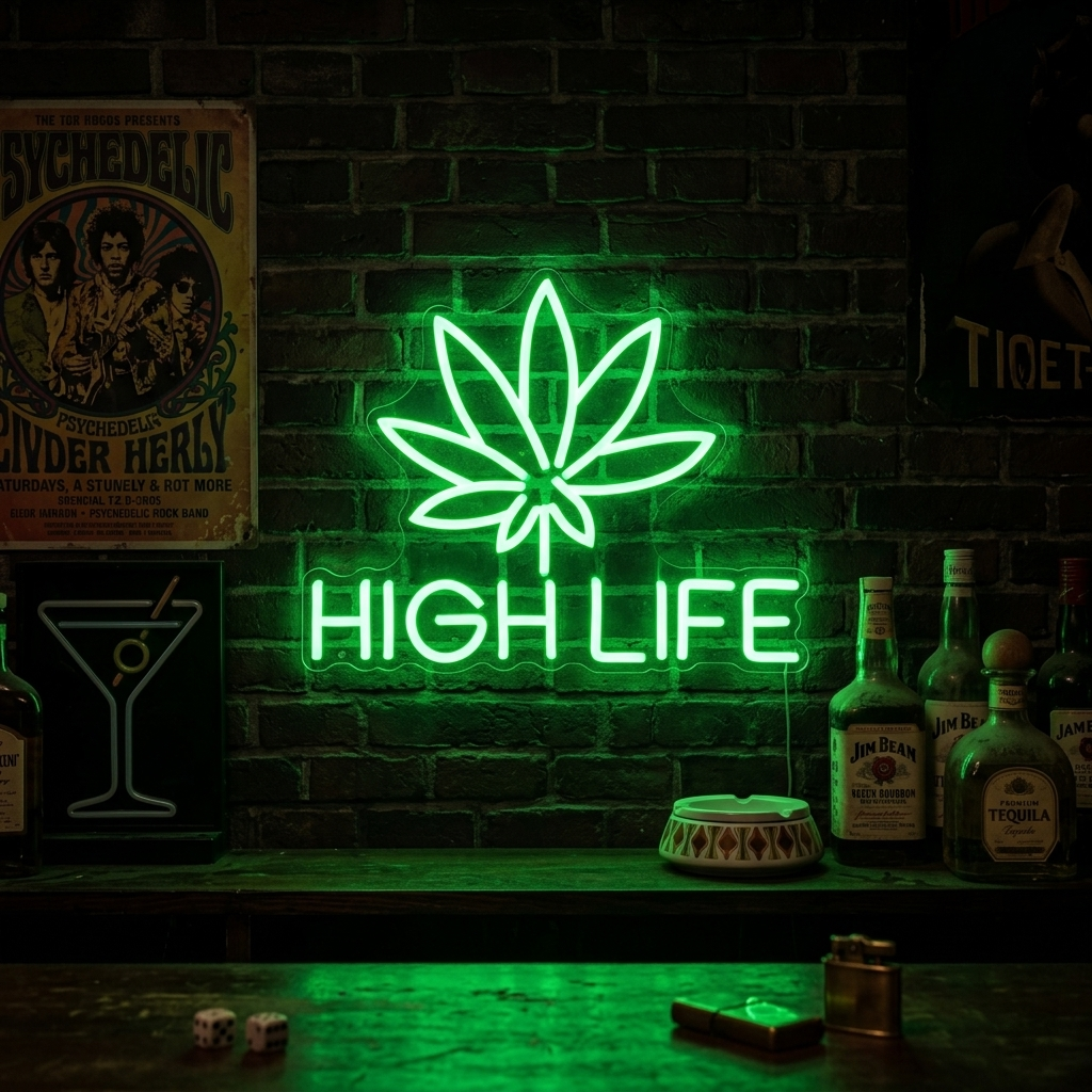 Weed High Life neon sign glowing red, showing a smoking marijuana leaf with a joint and text below it, hanging on a brick wall above a bar counter with bottles.