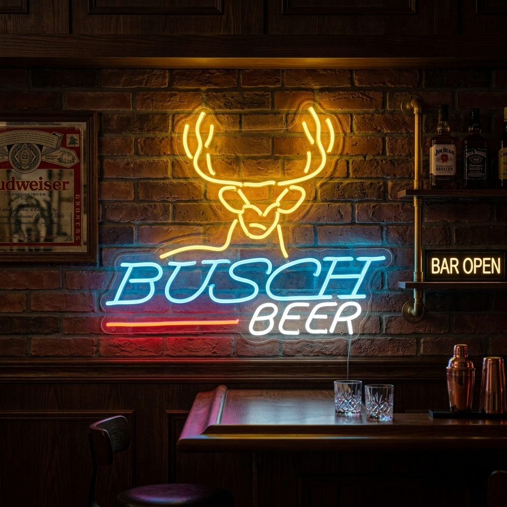 A lit Deer Head Beer neon sign featuring a glowing stag head and 'BAR' text, mounted on a rustic wood panel wall in a well-stocked bar environment.