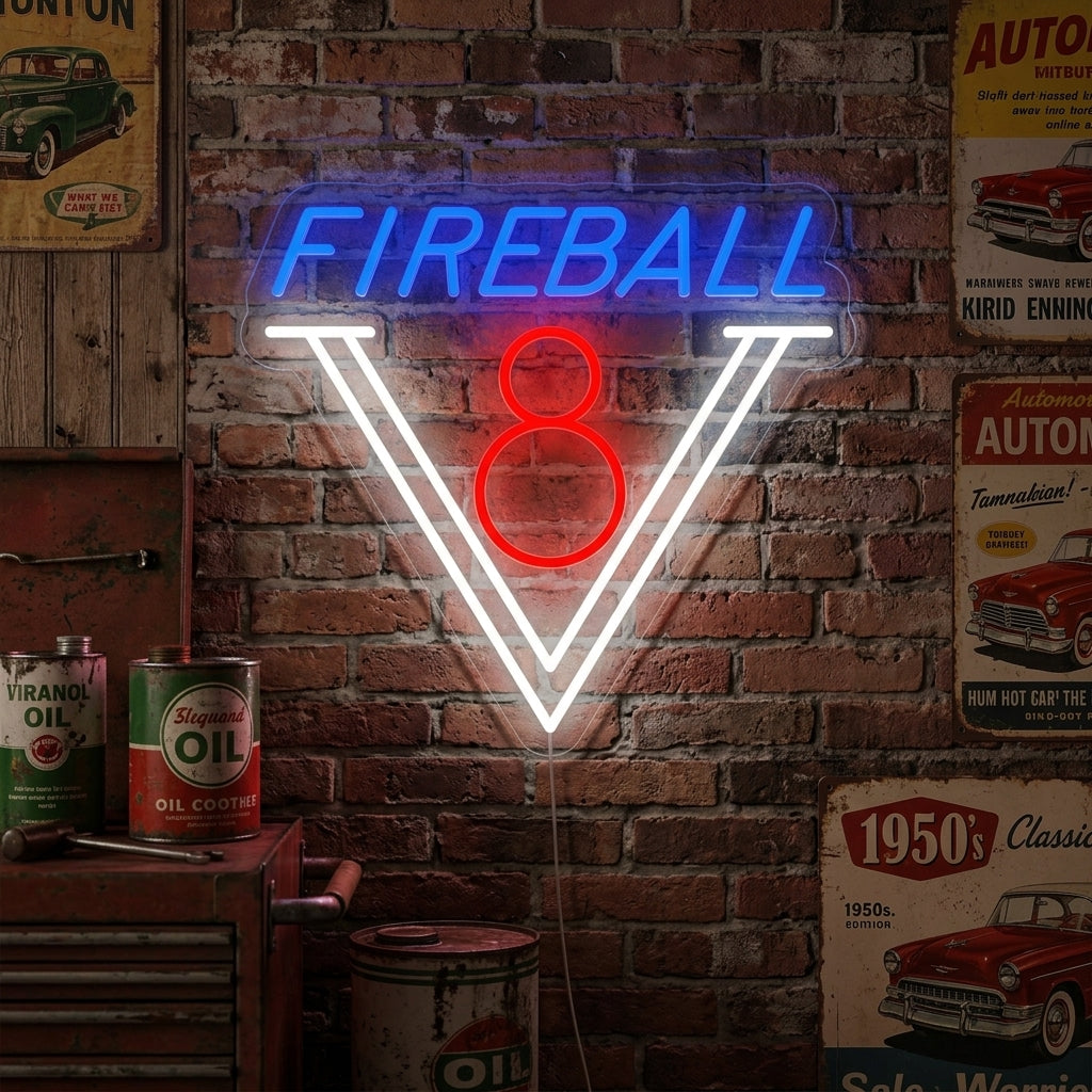 A 1950s Fireball V8 Car neon sign glowing blue and red in a modern garage, mounted above a toolbox.