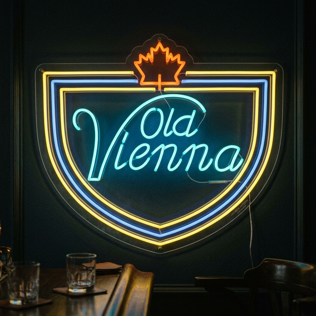 A close-up photograph of a mounted Old Vienna Beer neon sign with a glowing beaver logo and blue, red, and yellow text, displayed on a wooden plank wall in a dimly lit bar setting.