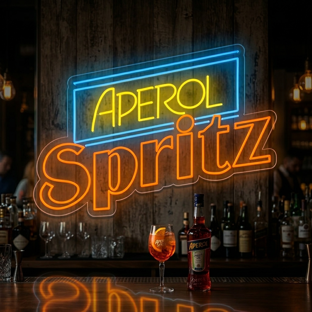 Vibrant Aperol Spritz Bar neon sign glowing orange with text and glass icon above a home bar cart.