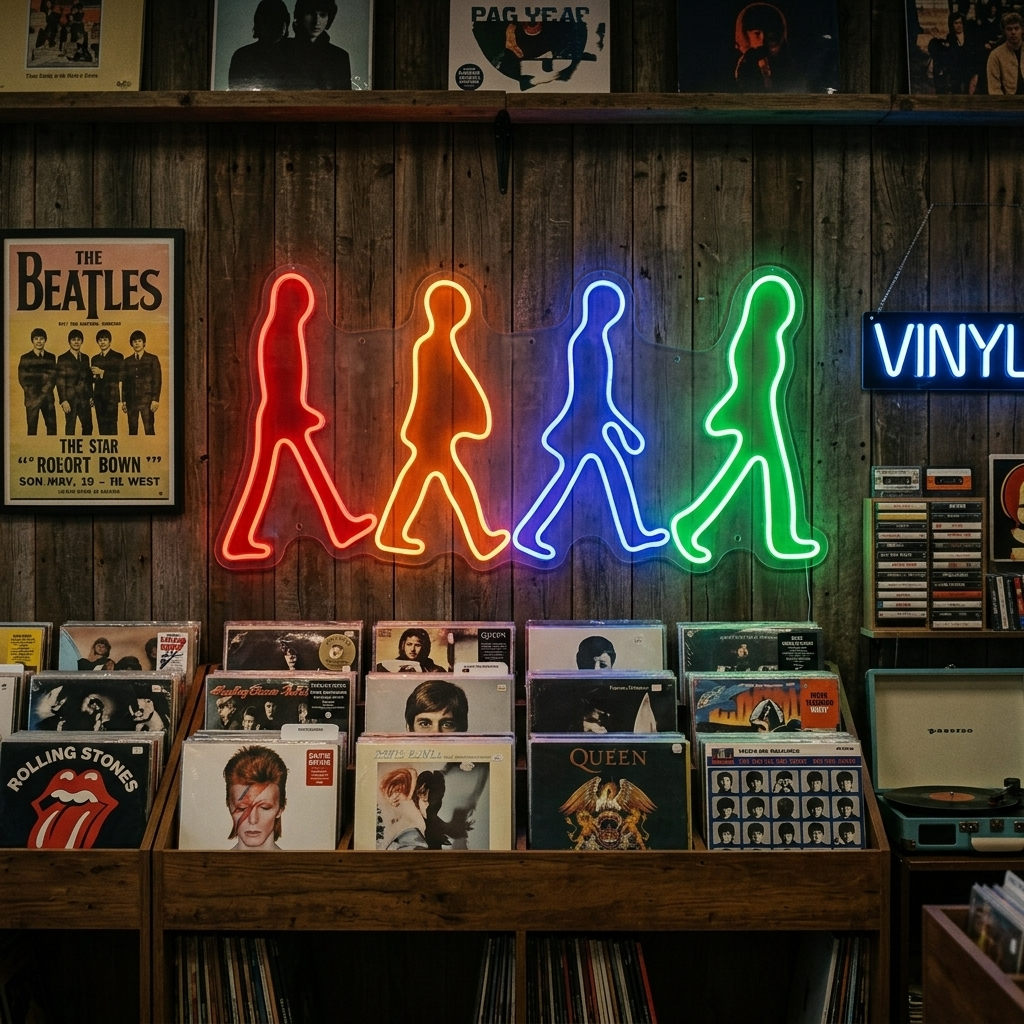 A vibrant yellow, red, and blue 'Music Band' neon sign featuring two guitars, a drum kit, and a lightning bolt against a dark brick wall.